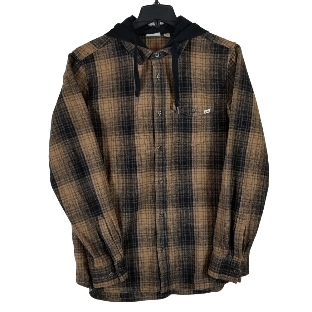 Vans Hooded Flannel Shirt Mens Medium Brown Black Plaid Long Sleeve Button Up